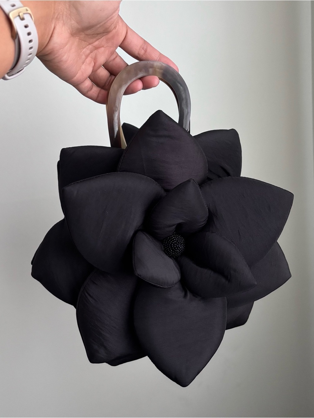 Mad by Design Black Taffeta Silk Flower Purse Evening Bag w/ Multilayer Petals